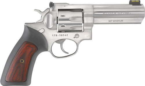 RUGER GP100 357MAG 4.20" ADJ. SS RUBBER W/HARDWOOD 7-SHOT - for sale