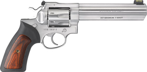 RUGER GP100 357MAG 6" ADJ. SS RUBBER W/HARDWOOD 7-SHOT - for sale