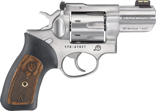 RUGER GP100 357MAG 2.5" ADJ. SS RUBBER W/HARDWOOD 7-SHOT - for sale